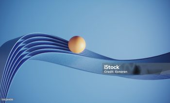 Orange colored ball standing on blue wavy ribbons on blue background, can be used in balance, career growth etc. concepts. (3d render)